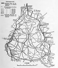 Map of Operation Michael 1918 showing the arc around Saint-Quentin. E Ludendorff (1919) My War Memories, 1914–1918, Vol II, London Hutchinson