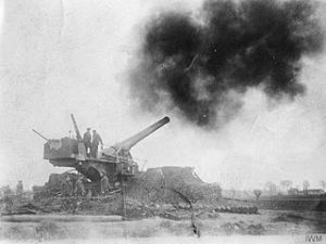 British 9.2inch railway gun firing near Battle of Béthune on Wednesday 18 April 1918. IWM.jpg
