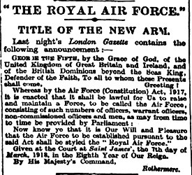 Royal Air Force - Notice of official designation signed by Air Minister Lord Rothermere on behalf of King George V. 07.03.1918 Times