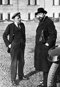 Vladimir Lenin with his secretary Vladimir Bonch-Burevich talking in Kremlin Courtyard. Moscow 1918. Wikimedia